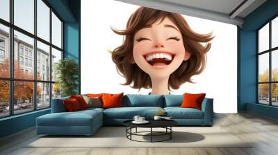 Happy smile laughing cartoon character young adult woman person portrait in 3d style design on white background Wall mural