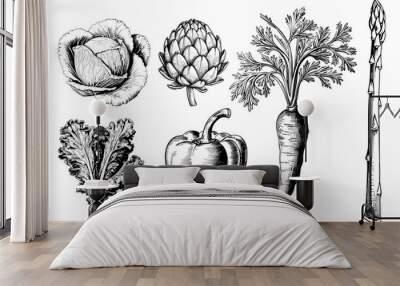 Vegetables set artichoke, kohlrabi, pepper, kale, carrot, asparagus vintage engraved drawing vector Wall mural