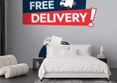 Fast delivery labels with delivery van. Free delivery icons in blue and red colour with a delivery vehicle. Safe and secure shipment, free shipment labels on grey background. Delivery service stickers Wall mural