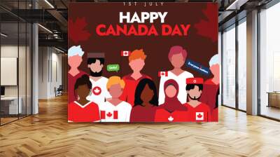 Happy Canada Day celebration banner. 25th June Canada day banner with its flag, maple leaf, people of different ethinic, religion. The day is celebrated for three provinces become one country in 1867 Wall mural