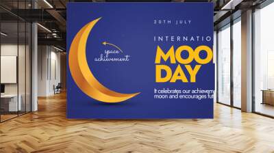 International Moon day. 20th July Moon day celebration cover banner, social media post with cute crescent moon in golden colour with arrows pointing it with text space achievement, moon landing.  Wall mural