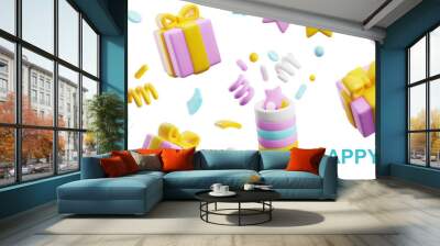 3d party popper with confetti serpentine, flying pink gift boxes, 3D render firework bang, vector Happy party banner Wall mural