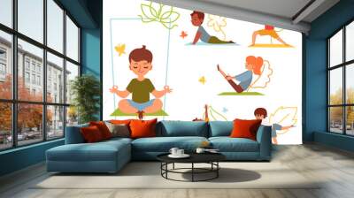 A set of kids and children doing yoga in various poses and stretching or fitness exercises on mat. Wall mural