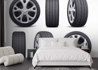 Automobile tires and wheels icons set realistic vector illustration isolated. Wall mural