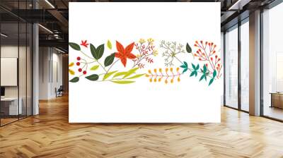 autumn horizontal banner with fall colorful leaves and berries isolated on white background. flat ve Wall mural