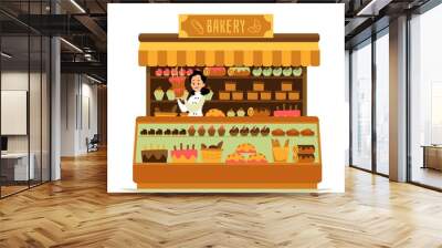 Bakery shop - cartoon chef baker woman holding big cake standing behind counter Wall mural