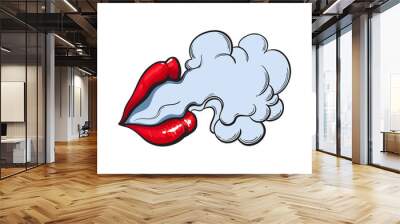 Beautiful female lips with red shiny lipstick emitting smoke cloud, sketch style vector illustration isolated on white background. Hand drawing of smoke coming out of beautiful woman lips Wall mural