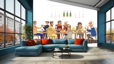 Big family dinner around table with food, many people eating a meal and talking together Wall mural