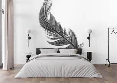 Black falling fluffy feather vector illustration isolated on white background. Wall mural