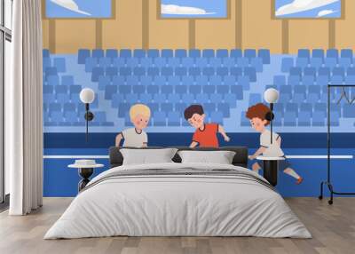 Boys playing soccer on school stadium, flat vector illustration. Wall mural