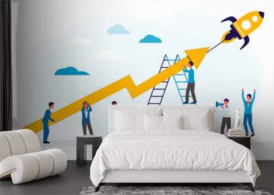 Business boost or startup with people and rocket, flat vector illustration isolated. Wall mural