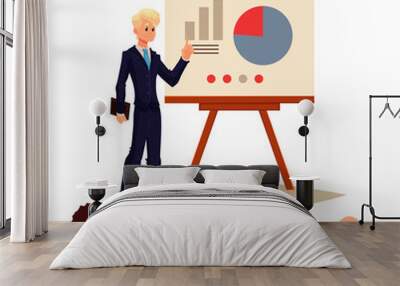 Businessman giving presentation with a board, sketch style vector illustration isolated on white background. Confident male manager and flip chart with pie graph presenting chart to group of people Wall mural