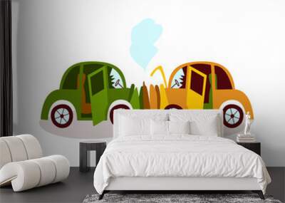 Car accident, head on collision, fender bender, side view cartoon vector illustration isolated on white background. Side view picture of two cars broken, deformed after head on collision, car crash Wall mural