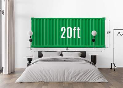 Cargo ship container vector mockup with dimensions scheme, 20ft size green metal storage freight shipping transportation Wall mural