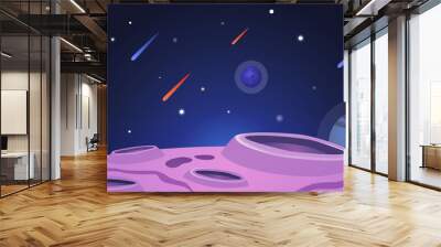 Cartoon space banner with purple planet surface with craters on night galaxy sky Wall mural