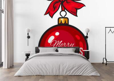 Christmas ball with red ribbon and bow, vector greeting card template with white background. Shiny Christmas decoration ball of solid red color, greeting card template for Christmas and New Year Eve Wall mural