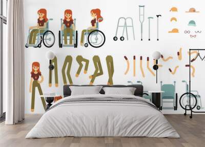 Constructor set for disabled woman creation cartoon style Wall mural