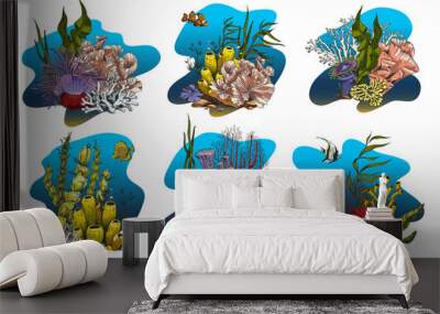 Coral reef colonies with seaweed, laminaria, kelp and fishes - colored sketch vector illustration. Wall mural