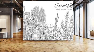 Coral reef hand drawn background or seamless banner in sketch style, vector illustration on white. Wall mural