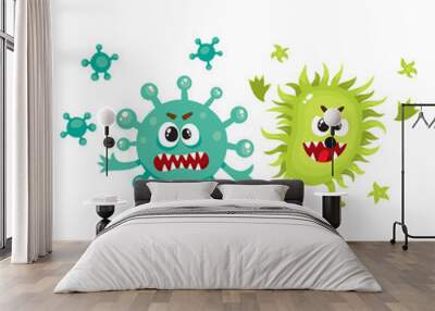 Couple of virus, germ, bacteria characters with human faces and sharp teeth, cartoon vector illustration on white background. Scary bacteria, virus, germ monsters, pathogens, microorganisms Wall mural