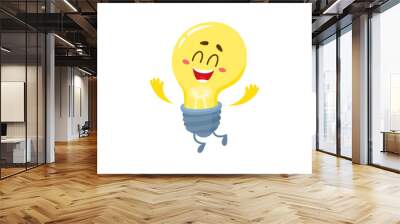 Cute light bulb character with funny face feeling happy with hands up, cartoon vector illustration isolated on white background. Funny light bulb character jumping excitedly Wall mural