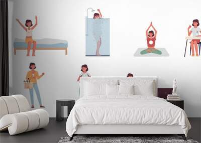 Daily life of a woman set - cartoon girl on her everyday routine Wall mural