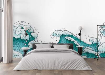 Dramatic hand drawn stormy sea waves - flat banner isolated on white background. Wall mural