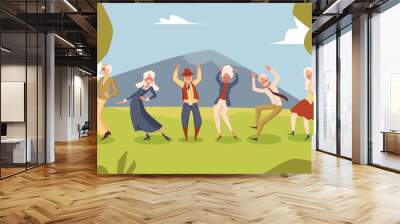 Elderly people dancing at party on landscape backdrop flat vector illustration. Wall mural