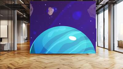 Fantasy space background with blue planet and asteroids. Wall mural