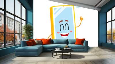 funny cartoon mobile phone, smartphone character with wide smile showing thumb up, vector illustrati Wall mural