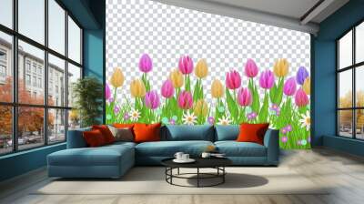 Green meadow grass, tulip daisy flowers border frame, template on transparent background. Spring summer sale template for retail poster and advertising design wtih text space. Vector illustration Wall mural