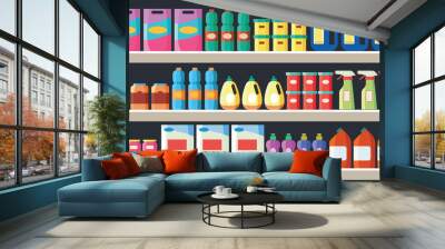 Grocery items, cleaning products on supermarket shelves flat vector illustration. Wall mural