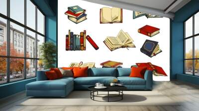 Hand drawn color set of book sketches. Vector illustration of collection of stacks of books for library isolated on white background. Wall mural