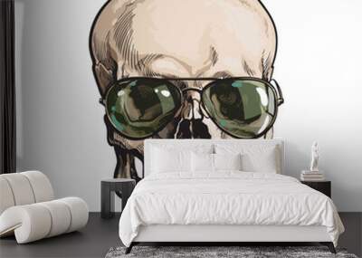 Hand drawn human skull wearing green aviator sunglasses, sketch style vector illustration isolated on white background. Realistic hand drawing of skull wearing sunglasses Wall mural