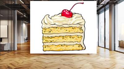 Hand drawn piece of classic layered cake with vanilla cream and cherry decoration, sketch style vector illustration isolated on white background. Realistic hand drawing of piece, slice of layered cake Wall mural