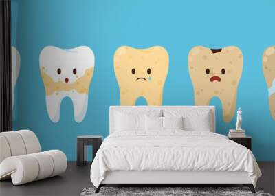 Happy clean and white tooth and sad yellow and dirty, flat vector illustration isolated on blue background. Wall mural