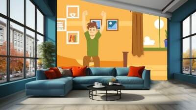 Happy man sits on bed waking up in morning flat cartoon style Wall mural