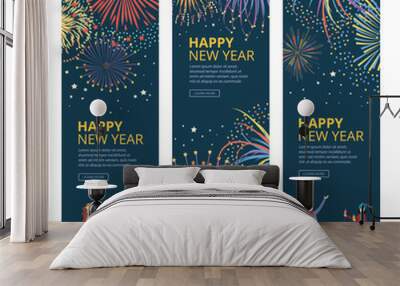 Happy new year - vertical banner template set with fireworks in night sky Wall mural