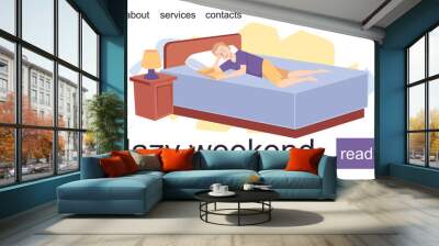 Landing page template with man laying on bed and reading book, flat vector illustration. Wall mural