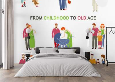 large set of people of different ages, flat is isolated on a white background, life, from birth to old age, story of love, family history, growing up people and making love family, small to old Wall mural