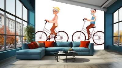 Mature couple riding bikes, cartoon illustration of two old people zhenschitsy men ride bicycles, old men and women involved in sports, old and the old ride bikes, isolated couple old people Wall mural