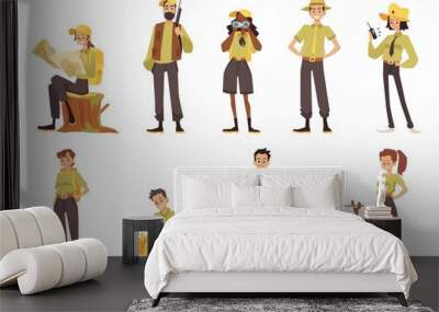 Men and women Park Rangers and Forest Officers, isolated cartoon vector characters. Hunter, black ranger with binoculars Wall mural