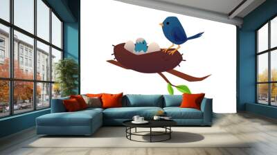 Mother bird takes care of her chick in nest flat vector illustration isolated. Wall mural