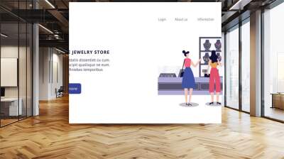 Online jewelry store banner, cartoon women shopping for jewellery Wall mural