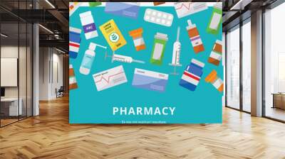 Online pharmacy ad poster template with colorful medicine packaging Wall mural