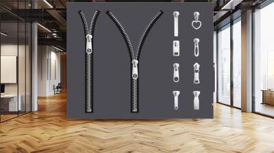 Opening and closed zipper and its parts - silver metal fabric fastener Wall mural