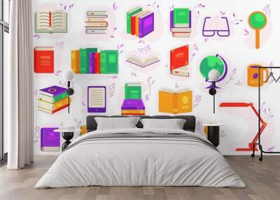 Paper and electronic books set with various close and open literature objects and accessories for reading isolated on white background. Education or literary leisure in flat vector illustration. Wall mural