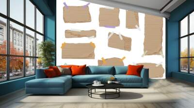 Realistic piece of torn cardboard with sticky tape vector set, ripped corrugated brown paper fragment, notice collage Wall mural