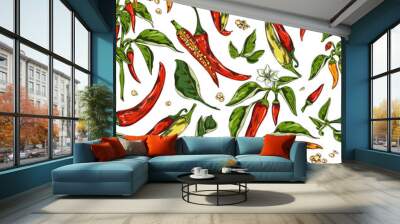 Red and yellow spicy chili peppers seamless pattern in sketch style, vector illustration on white background. Wall mural