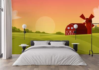 Red hangar at the farmers field to the mill on agricultural land, natural landscape with green field and posevochnym the sunset with a red hangar farm cartoon illustration Wall mural